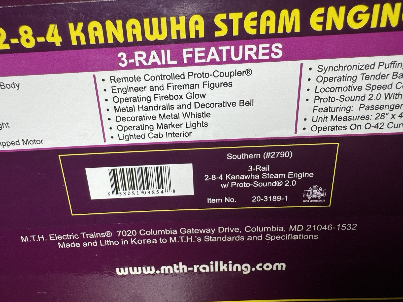 MTH 20-3189-1 Southern 2-8-4 K-4 Kanawha steam engine #2790 PS2 BCR NIB16