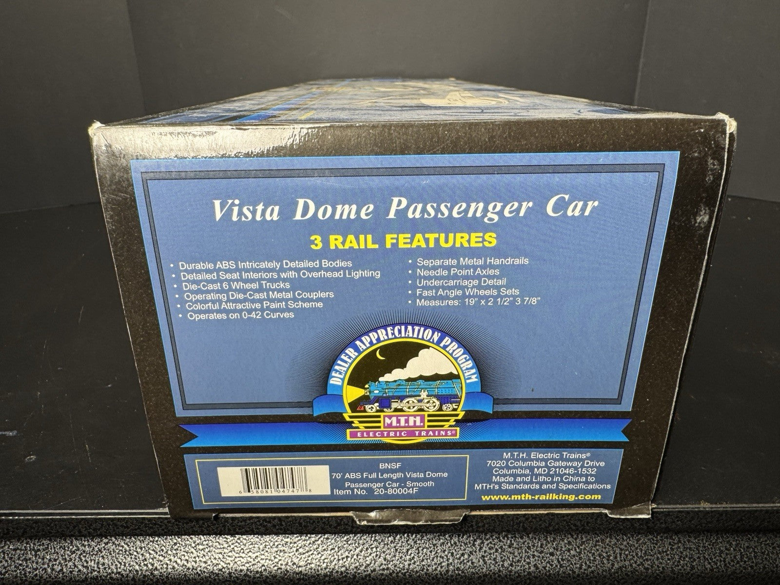 MTH 20-80004F BNSF 70' full-length vista dome passenger car #3602 LNIB11