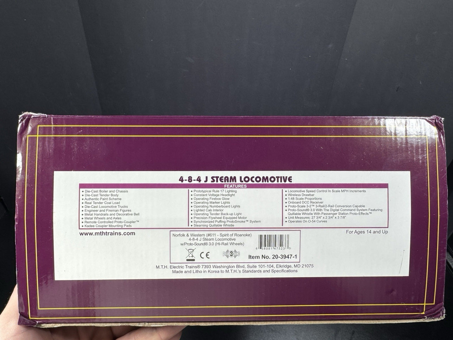 MTH 20-3947-1 Norfolk & Western N&W 4-8-4 J-class steam engine #611 PS3 LNIB16