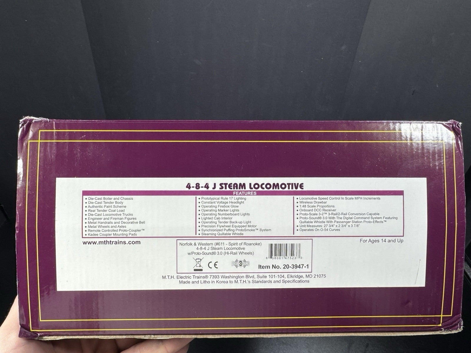 MTH 20-3947-1 Norfolk & Western N&W 4-8-4 J-class steam engine #611 PS3 LNIB16