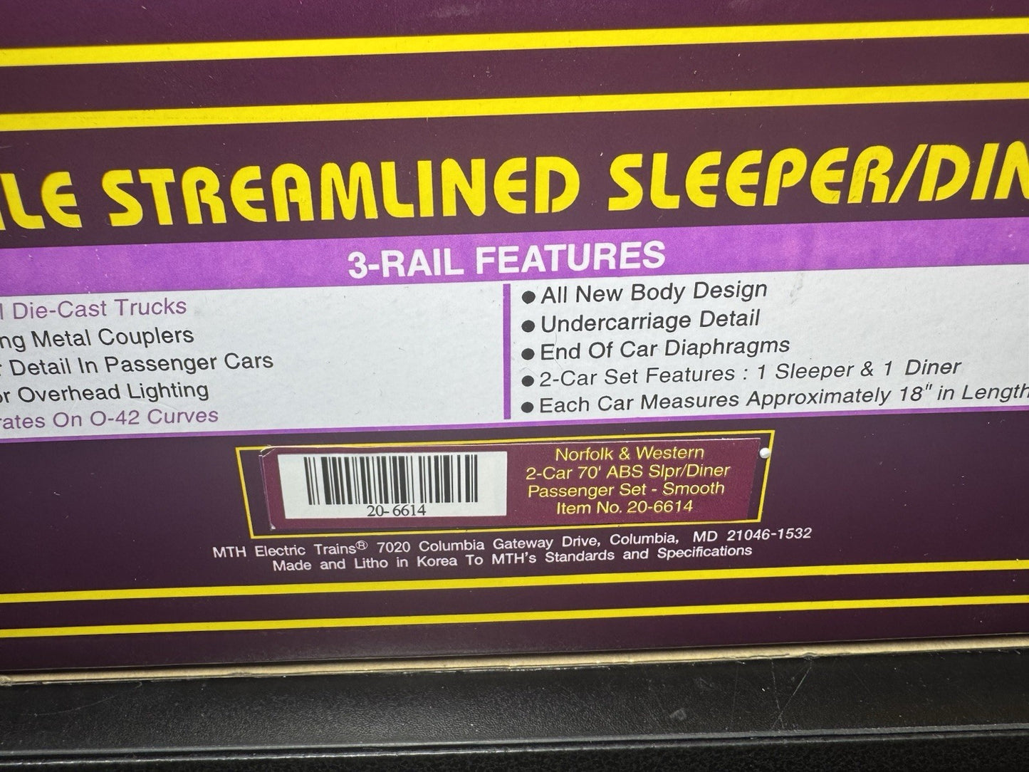 MTH 20-6614 Norfolk & Western N&W 70' streamlined sleeper diner 2-car set LNIB7