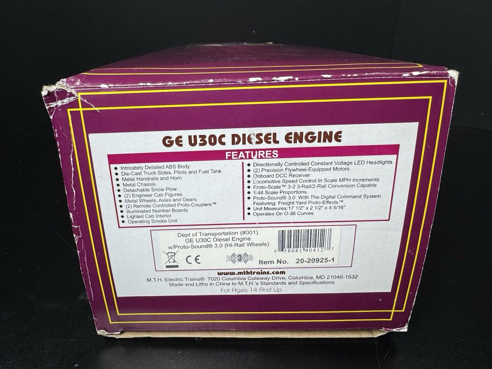MTH 20-20925-1 U.S. Dept of Transportation U30C diesel engine #001 PS3 LNIB17