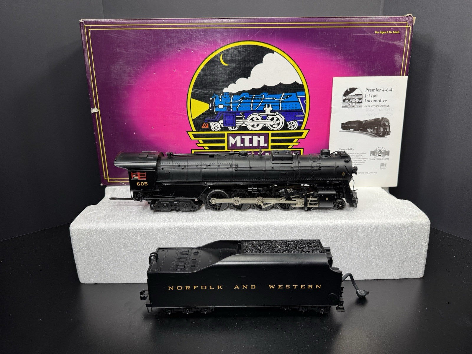 MTH 20-3058-1 Norfolk & Western N&W Unshrouded J 4-8-4 steam engine #605 PS2 EX6