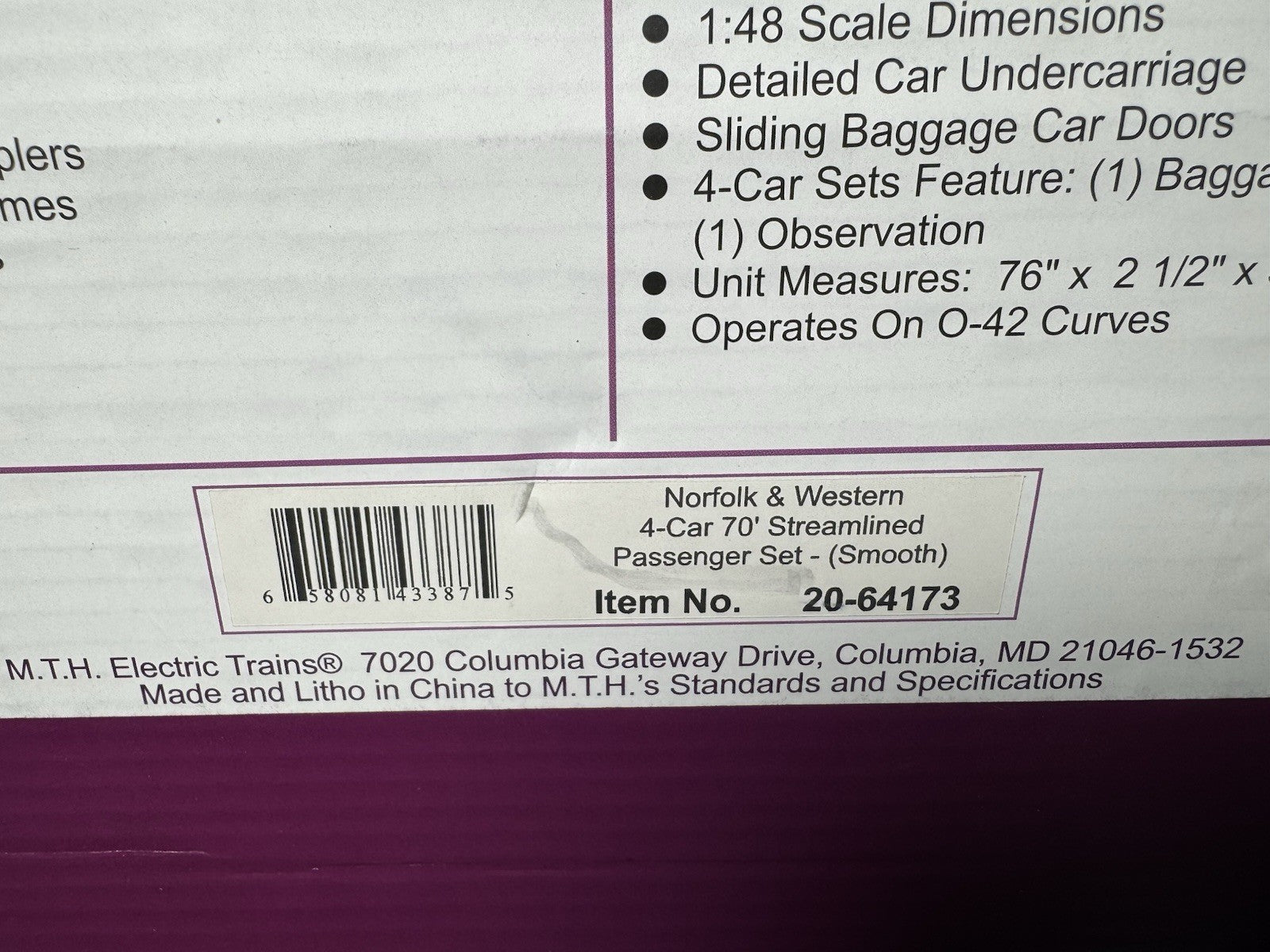 MTH 20-64173 Norfolk & Western N&W 70' streamlined passenger 4-car set LNIB9