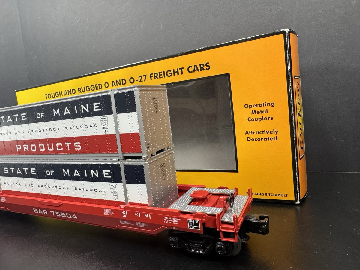 MTH RailKing 30-76135 BAR State of Maine husky stack car w containers LNIB2